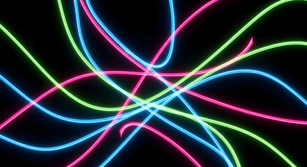 Swirling neon light tubes in vibrant pink, blue, and green create abstract patterns.