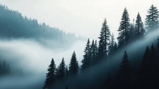 Fogdraped ancient sequoias in morning light, quiet and contemplative mood