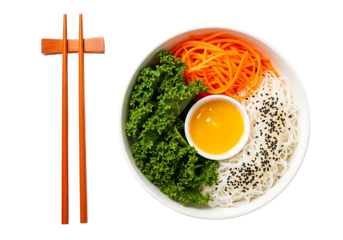 A healthy and colorful korean bibimbap dish with rice vegetables and egg yolk isolated on transparent background