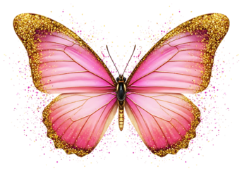 Beautiful pink butterfly with golden shimmering edges isolated on transparent background