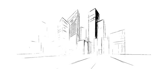 Vector architectural sketch of a house. linear sketch modern building on light gray background