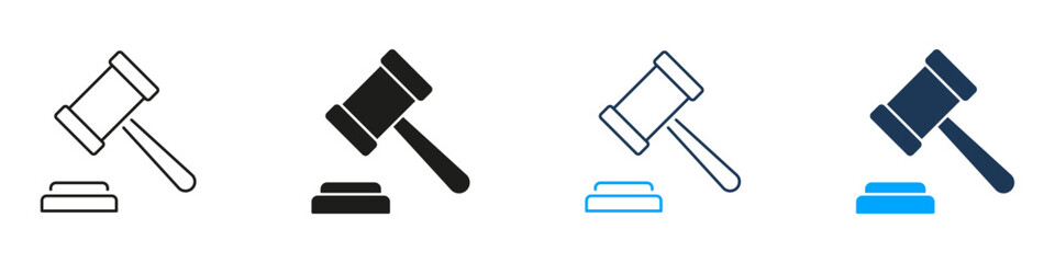 Gavel And Sound Block Line And Solid Icon Set. Legal Decision, Justice, And Auction Symbol Collection. Courtroom And Judicial Process Representation. Isolated Vector Illustration