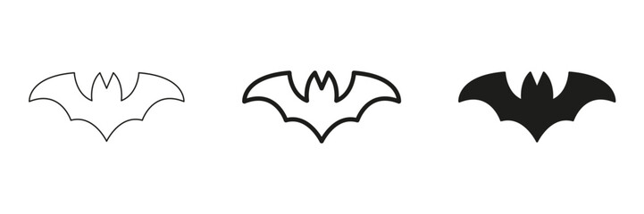 Bat Silhouette In Line, Outline, And Glyph Icon Set. Spooky Creature And Halloween Symbol Collection. Isolated Vector Illustration
