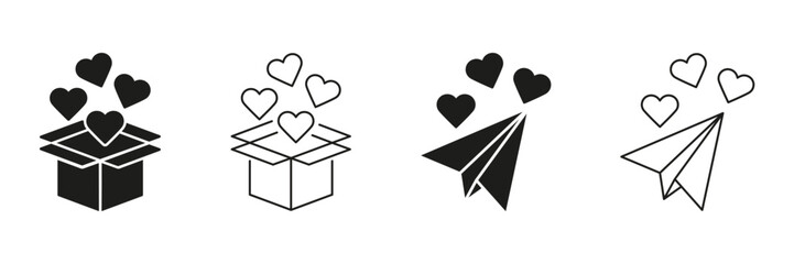 Open Box And Paper Plane With Hearts Line And Solid Icon Set. Love, Surprise, And Communication Symbol Collection. Expressing Affection And Sending Messages. Isolated Vector Illustration