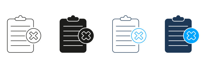 Clipboard With Cross Mark Line And Solid Icon Set. Task Rejection, Error Notification, Document Cancellation Symbol Collection. Administrative And Workflow Management. Isolated Vector Illustration