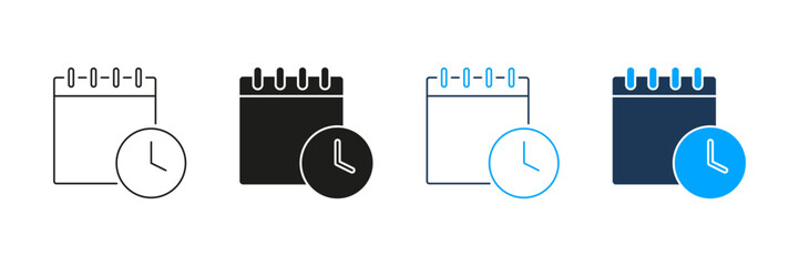 Calendar With Clock Line And Solid Icon Set. Time Management, Scheduling, And Event Planning Symbol Collection. Appointment And Deadline Reminder. Isolated Vector Illustration