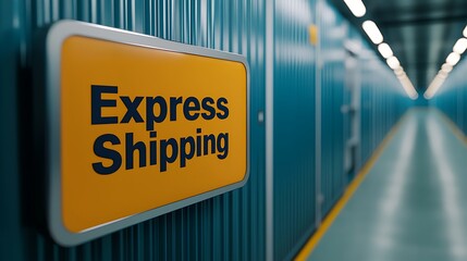 A close-up of an "Express Shipping" sign in a modern storage facility, highlighting efficient delivery services.