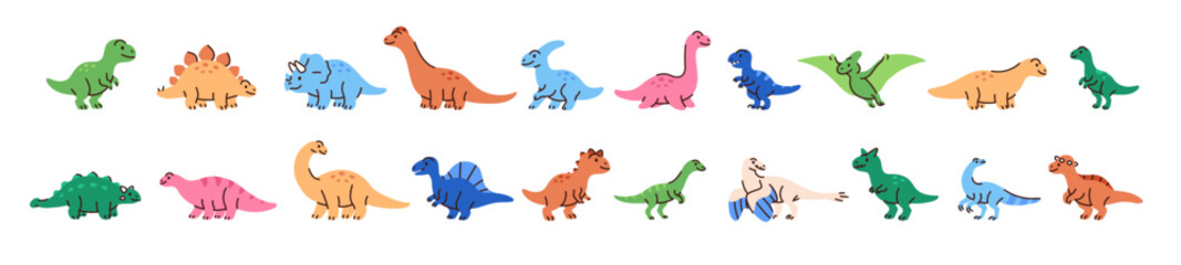 Set of cute dinosaurs. Different colourful dinos for kids: T Rex, diplodocus, pterodactyl, stegosaurus. Baby reptile of Jurassic era. Ancient animals. Flat isolated vector illustrations on white.