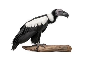 Obraz premium A majestic bird perched on a log against a white isolate background, showcasing its striking black and white feathers.