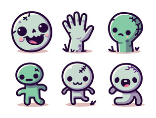 Adorable Kawaii Zombie Vector Faces with Various Emotions and Poses