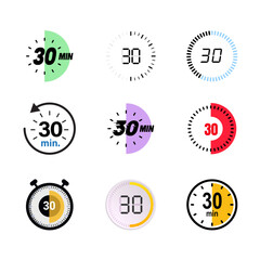 Simple Minimalist 30 Minutes Timer Clock Icons including a stopwatch, analog clock, countdown timer, and 30 minutes timer. Perfect for app UI/UX design
