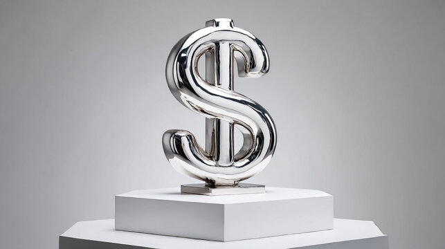 A hyperrealistic chrome dollar sign sculpture atop a white pedestal, gleaming with reflective metallic surfaces, symbolizing wealth, finance, and luxury in a minimal setting.
