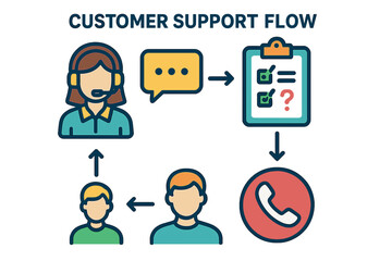 Customer support flow diagram illustrating interaction and communication