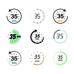 Simple Minimalist 35 Minutes Timer Clock Icons including a stopwatch, analog clock, countdown timer, and 35 minutes timer. Perfect for app UI/UX design