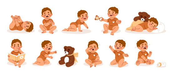 Set of cute baby. Happy infant kid plays with rattle and plush toy, reading book. Sad newborn is crying. Funny child sleeps and has fun. Flat isolated vector illustrations on white background.