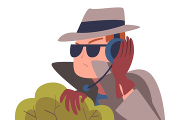 Man Character Spying, Observing and Sneaking in Hat and Coat Behind Bush Looking and Peeping Out Vector Illustration