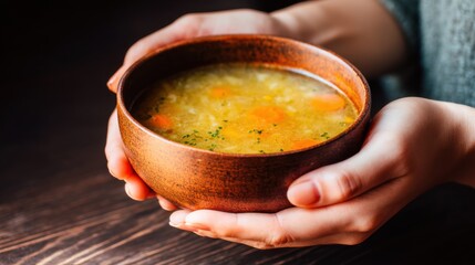 A warm bowl of soup held in hands, showcasing a comforting meal with visible vegetables, set against a wooden background.