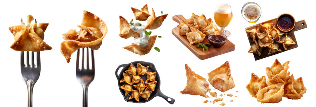 Set of Crab Rangoon puffs wontons dumpling, fried Crispy, fork, skillet fry pan, wooden serve board with dip and beer, stack pile broken bitten pieces on transparent cutout PNG. Mockup for design