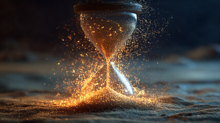 A floating hourglass exploding into glowing sand mid air symbolizing the passage of time transformation and impermanence representing energy release change and the fleeting nature of moments