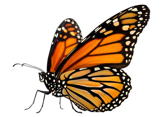 Fototapeta premium A detailed close up of a monarch butterfly with vibrant orange and black wings isolated on transparent background