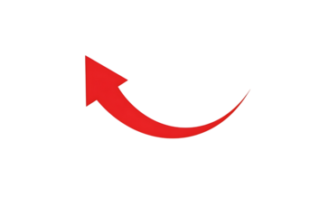 A bright red curved arrow pointing upwards and to the right isolated on transparent background