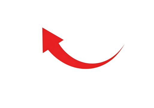 A bright red curved arrow pointing upwards and to the right isolated on transparent background