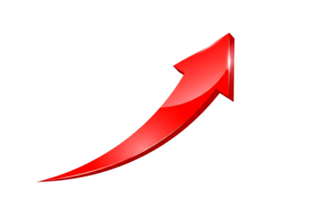 Glossy red arrow pointing upwards and to the right indicating growth and progress isolated on transparent background