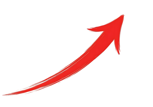 A bold red arrow pointing upwards and to the right signifying progress and growth isolated on transparent background