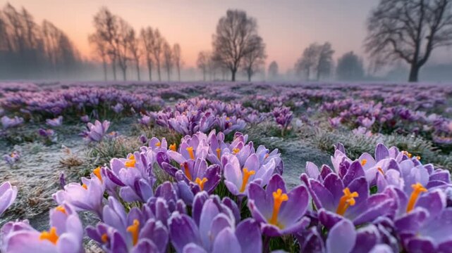 A field of purple crocuses blossoms, trees in the misty background, illuminated by a soft sunrise