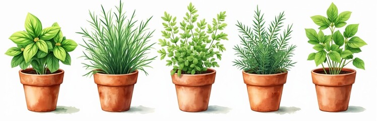 Fototapeta premium Watercolor illustration of kitchen herb collection in terracotta pots. Set of various green aromatic plants like basil, rosemary, parsley. Fresh homegrown spices for indoor gardening, healthy
