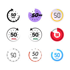Simple Minimalist 50 Minutes Timer Clock Icons including a stopwatch, analog clock, countdown timer, and 50 minutes timer. Perfect for app UI/UX design