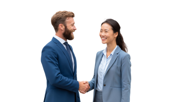 Business partner shaking hands with warm smiles, symbolizing successful partnership and agreement, isolated on white background
