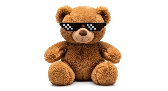 Cool brown teddy bear plush toy wearing pixelated dark sunglasses, exuding a fun and confident playful attitude on a clean white background, perfect for quirky designs