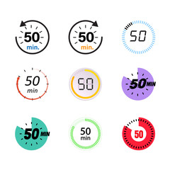 Simple Minimalist 50 Minutes Timer Clock Icons including a stopwatch, analog clock, countdown timer, and 50 minutes timer. Perfect for app UI/UX design