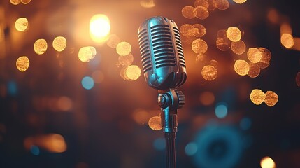 Vintage microphone on stage, spotlight, music performance, concert background, entertainment promotion
