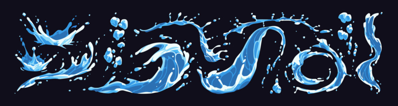 Splashes of water set. Different flows of sea, ocean waves with foam. Pouring blue liquids, dripping drops, fluid ripples, swirls and bubbles of air underwater. Flat isolated vector illustrations.