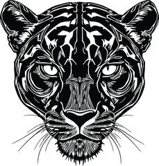 Panther Face Silhouette Vector Featuring Symmetrical Design, Intense Eyes, and Intricate Line Details in Black Line Art Style