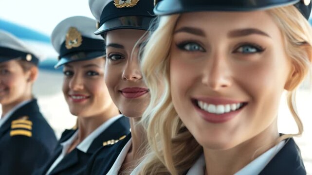 Group of smiling female pilots in uniform posing happily at an airfield during daylight hours