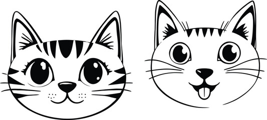 Cartoon Cat Face Silhouette Vector Featuring Expressive Eyes, Whiskers, and Playful Striped Details in Line Art Style