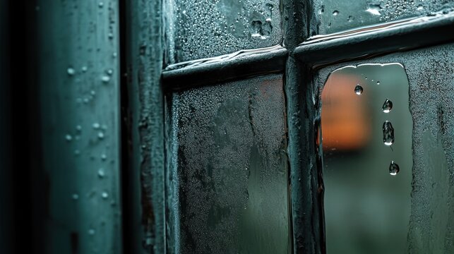 Wet window with raindrops reflects the orange glow of an object, likely a street lamp, on a dark night.