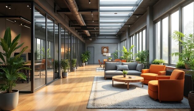 Modern shared office space with glass walls and natural light. Features comfortable seating areas, workstations, and indoor plants creating a vibrant work environment.