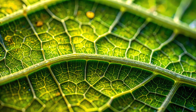 Detailed Close-up of a Green Leaf Vein System Pattern Texture