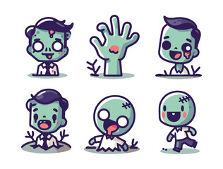 Cartoon Zombie Illustration Set with Cute Faces and Hand Gestures