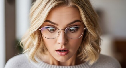 Surprised Woman Wearing Glasses Looking Down with Wide Eyes.