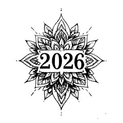 2026 Mandala Typography – Bold Digits Framed in Layered Petal Mandala with Rectangular Banner