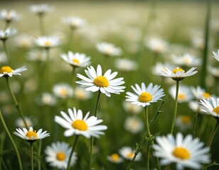 Fototapeta premium Field of white chamomile flowers in sunlight. Close up view of delicate petals and yellow centers. Nature background, natural remedy. Concept of organic beauty and wellness.