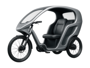 Contemporary electric-assist bike taxi featuring clear side panels and sleek design.