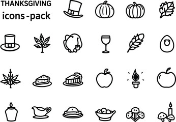 Thanksgiving Icon Pack Silhouette Vector Featuring Pumpkin, Turkey, Pie, Corn, Hat, Candle, Apple, and Autumn Symbols