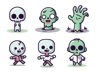 Cartoon Zombie Head Vector Set with Different Cute and Silly Emotions