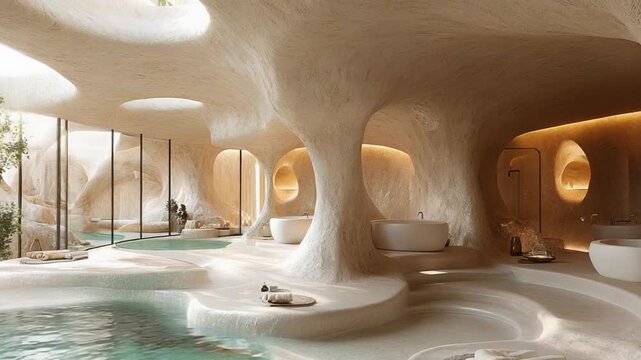 Luxurious Futuristic Spa Interior with Organic Cave Like Architecture.